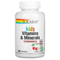 Купить Solaray Kids Vitamins Minerals, Витамины и минералы для детей, в форме жевательных таблеток, с натуральным вкусом ягод черемухи, 120 жевательных таблеток