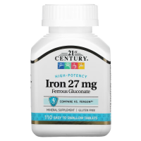 Купить 21st Century Iron,- Ирон высокоэффективное железо, 27 мг, 110 таблеток, которые легко глотать
