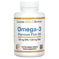 Купить California Gold Nutrition, омега-3, Omega-3 Premium Fish Oil рыбий жир премиального качества, 180 мг ЭПК / 120 мг ДГК, 100 капсул из рыбьего желатина