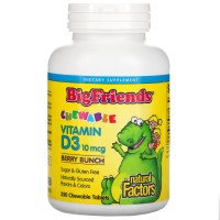 Купить Natural Factors, Big Friends, Vitamin D3 жевательный витамин D3, ягодный вкус, 10 мкг, 250 жевательных таблеток