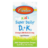 Купить Carlson, Super Daily D3+K2 для детей, 25 мкг (1000 МЕ) и 22,5 мкг, 10,16 мл (0,34 жидк. унции)