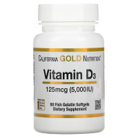 Купить California Gold Nutrition Vitamin D3, витамин Д3, 125 мкг (5000 МЕ), 90 капсул из рыбьего желатина