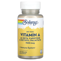Купить Соларай, витамин A в сухой форме, 7600 мкг, 60 растительных капсул, Solaray Vitamin A