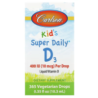 Купить Carlson, Kids Super Daily D3, 10 мкг (400 МЕ), 365 вегетарианских капель, 10,3 мл (0,35 жидк. Унции)