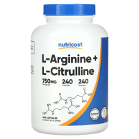 Купить Nutricost, L аргинин + L цитруллин, 750 мг, 240 капсул | L arginine L Citrulline