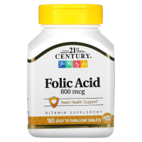 Купить 21st Century, Folic Acid, 800 мкг, Фолиевая кислота 180 таблеток, которые легко глотать