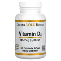 Купить California Gold Nutrition (5000 IU) Vitamin D3 , витамин D3, 125 мкг, 360 капсул из рыбьего желатина